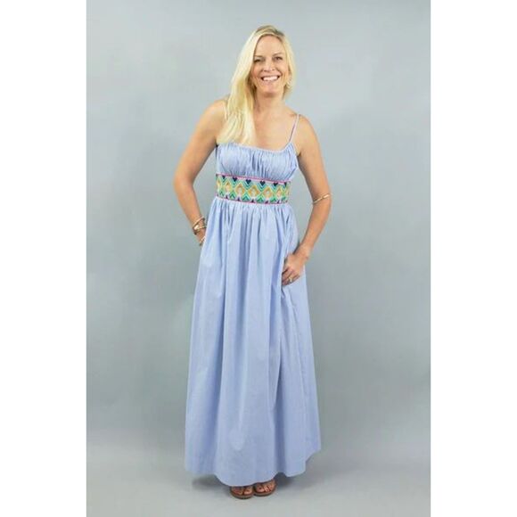 CK Bradley Lard Dress Dune Berry Resort Wear, Embroidered Blue Maxi, size M - Picture 1 of 6